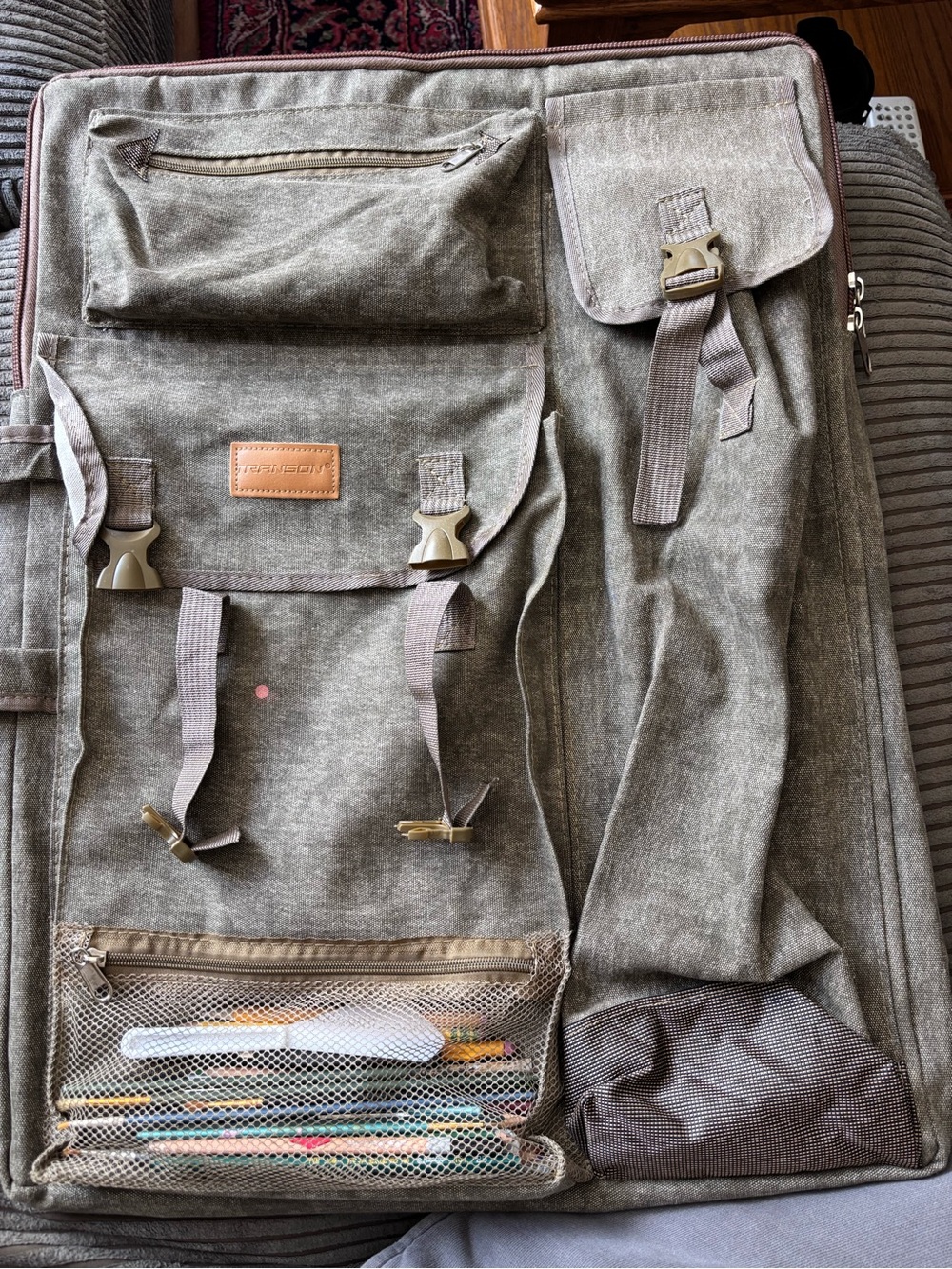 Art Canvas Travel Organizer backpack Tote Bag – Olive Taupe 18X24”